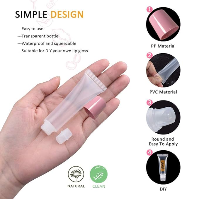 AMORIX 50PCS Lip Gloss Tubes 5ml Pink Cap Lip Gloss Containers Empty Lip Balm Tubes Squeeze Lipgloss Tubes + 2 x 20ml Syringes Tag Labels for DIY Lip Gloss Base Glitter