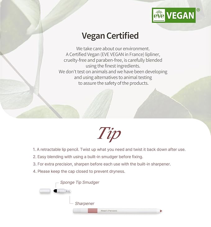 Heart Percent Dote On Mood Lip Pencil Slim, Defines and Fills Creamy Lip Liner Retractable Lipstick Pencil with Built-In Sharpener, B1. Rose Brown