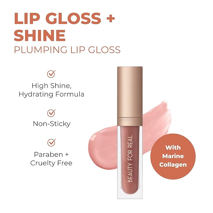 Beauty For Real Lip Gloss + Shine, Nudist - Beige Nude Pink - Non-Sticky Plumping & Hydrating Gloss - Light & Mirror In Cap - Contains Marine Collagen - 0.15 fl oz