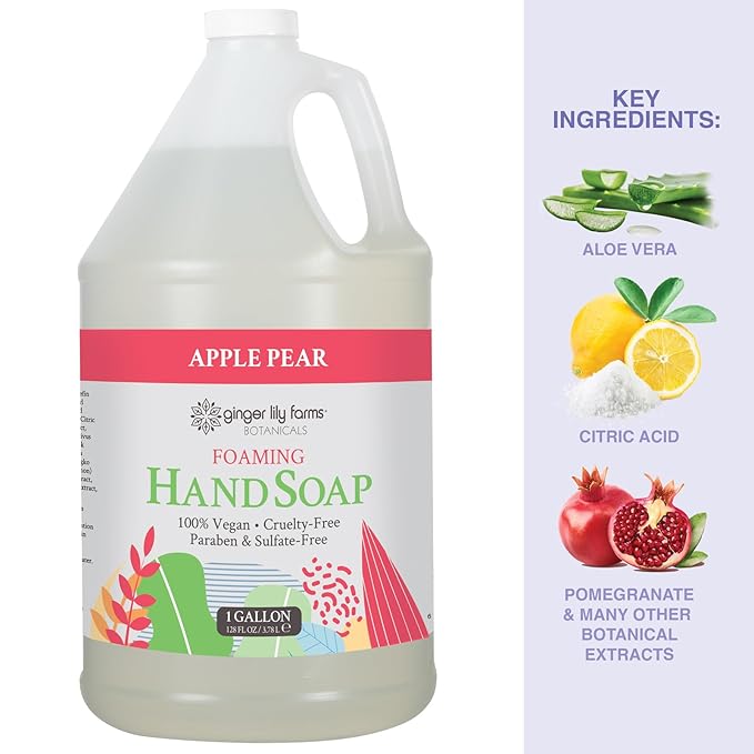 Ginger Lily Farms Botanicals All-Purpose Foaming Hand Soap Refill, 100% Vegan & Cruelty-Free, Apple Pear Scent, 1 Gallon (128 Fl.Oz)