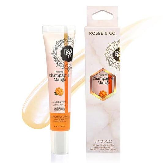 ROSÉE & CO Rosee Lip Gloss Vegan & Cruelty Free Treatment, Professional Make up, Long Lasting Glossy with Shea Butter, Moisturize, Protect & Smooth, High Shine, Non-Sticky (q.Champagne Mango, 0.5)