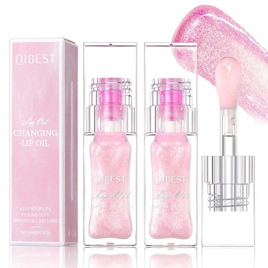 Magic Color Changing Lip Oil, PH Temperature Color Change Lip Glow Oil Plumping Lip Gloss with Big Brush, Non-sticky Moisturizing Lip Primer (2 packs)