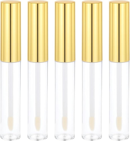 5 Pcs Empty Lip Gloss Tubes, Clear Plastic Gloss Container with Wand Refillable Lip Balm Bottle 10ml Lip Gloss Container for Lipstick Samples, Lip Balms(Gold Tube Cap)