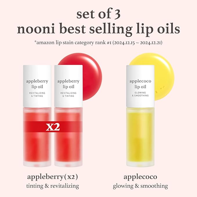 NOONI Korean Hydrating Lip Oil Gift Set - Appleseed Lip Oil Trio, Tinted Lip Care, Hydrating, Lip Plumping, Long Lasting Moisture, Korean Vegan Makeup for Women, 0.12 Fl Oz x 3ea
