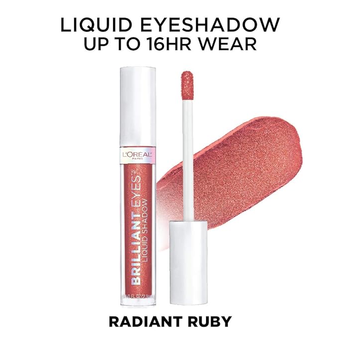 L'Oreal Paris Brilliant Eyes Shimmer Liquid Eye Shadow, Longwearing Lasting Shimmer, Crease Resistant, Flake-Proof, Precision Applicator, Quick Dry, Non-Greasy, Radiant Ruby, 0.1 oz.