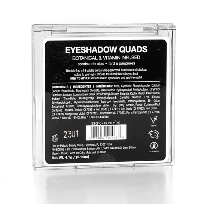Palladio Eyeshadow Quads, Velvety Pigmented Blendable Matte, Metallic & Shimmer Finishes, Creamy Formula, Four Way Quad Eye Shadow Palette, Talc-Free (Honey Pie)