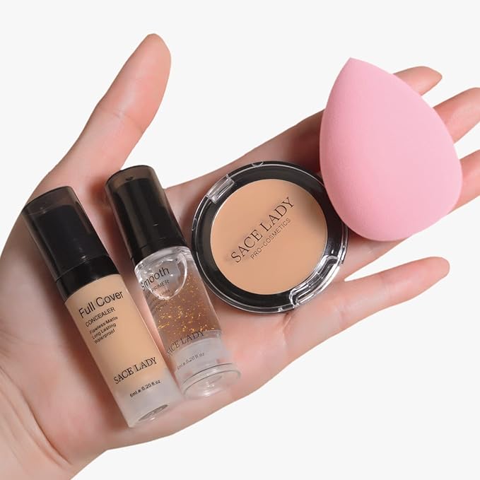 Waterproof Full Coverage Concealer With Primer Sponge Set, Light Natural)
