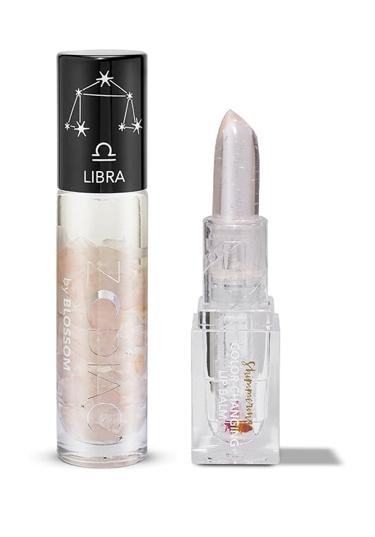 Blossom Zodiac Sign Vanilla Scented Moisturizng Roll On Lip Gloss with Crystals + pH Technology Color Charnging Shimmering Lip Balm, 2 Pack Bundle, Libra/Crystal