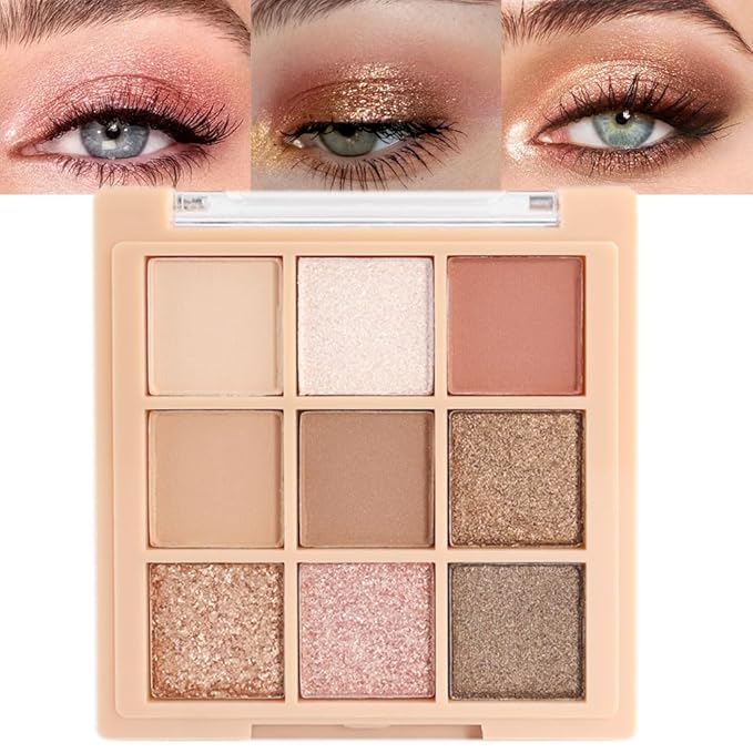 9Colors Nude Champagne Gold Rose Brown Colorful Glitter Eyeshadow Palette Makeup,Korean Natural Neutral Rainbow Eyeshadow Palettes Highly Pigmented Naturing-Looking Long Lasting Waterproof Blendable