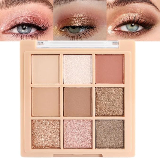 9Colors Nude Champagne Gold Rose Brown Colorful Glitter Eyeshadow Palette Makeup,Korean Natural Neutral Rainbow Eyeshadow Palettes Highly Pigmented Naturing-Looking Long Lasting Waterproof Blendable