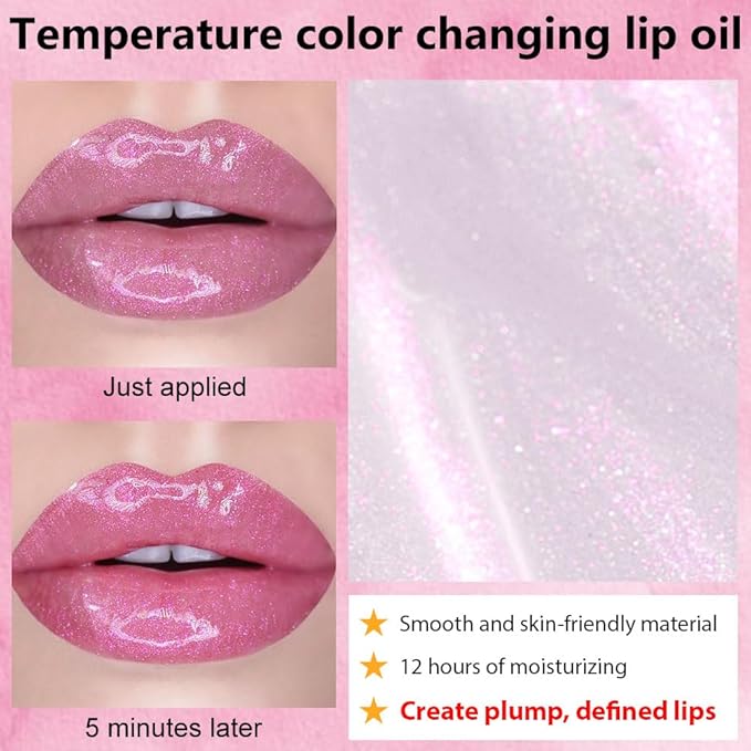 Magic Color Changing Lip Oil,Clear to Pink Moisturizing Magic