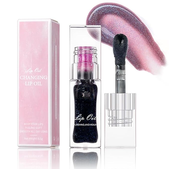 Magic Color Changing Lip Oil Ph, Glitter Lip Gloss, Upgraded Big Brush Head Moisturizing Long Lasting Nourishing Lip Glow Oil Non-Sticky Primer Lip Tint (# 05, 0.3 Oz)