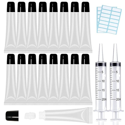 AMORIX 50PCS Lip Gloss Tubes 20ml Black Cap Lip Gloss Containers Empty Lip Balm Tubes Cosmetic Lipgloss Tubes + 2 x 20ml Syringes Tag Labels for DIY Lip Gloss Base Glitter