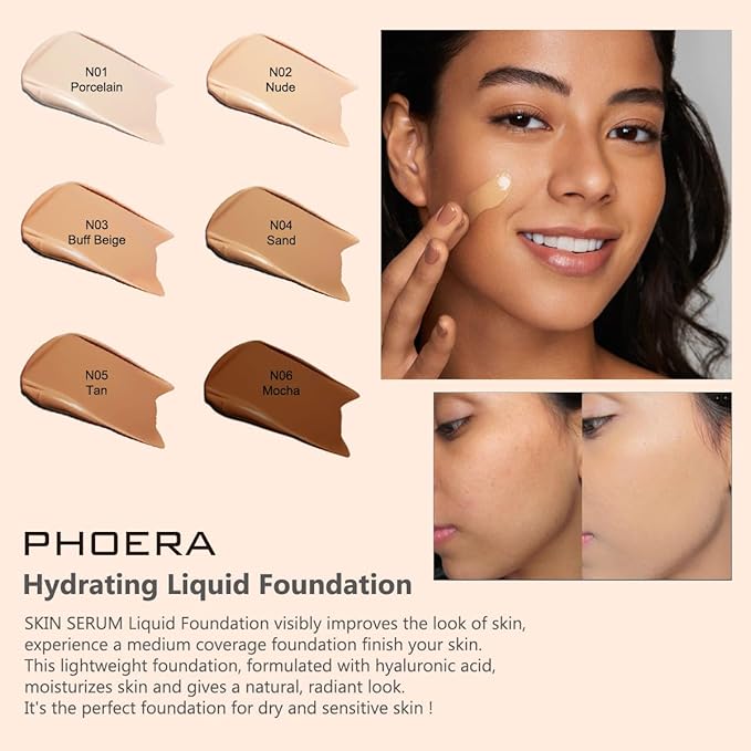 PHOERA Hydrating Serum Foundation,Flawless Full Coverage and Hypoallergenic Porcelain, norm)