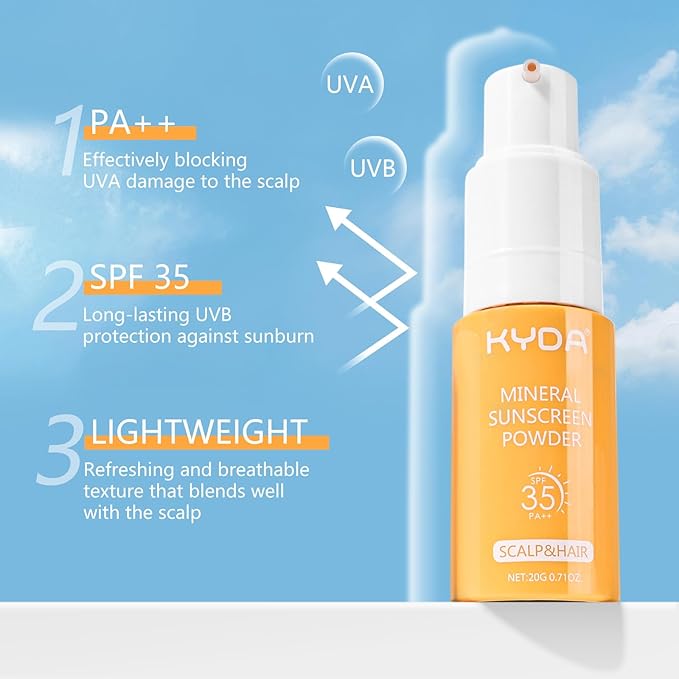KYDA 2 Pcs Mineral Sunscreen Powder, for Scalp & Hair, SPF 35 PA++, Scalp Sunscreen Powder, Broad Spectrum UV Protection, Lightweight, No-Greasy, 0.71 Oz.
