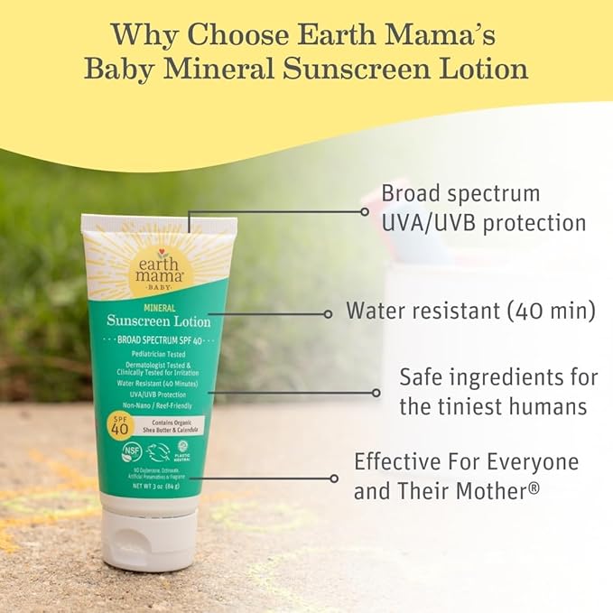 Earth Mama Baby Mineral Sunscreen Lotion SPF 40 | Reef Safe, Non-Nano Zinc, Natural Water Resistant Sun Cream for Babies, Kids & Adults, 3-Ounce
