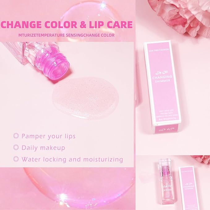 2PCS Magic Color Changing Lip Oil - Big Brush, Long Lasting Shimmery, Warm Change Hydrating Lip Gloss