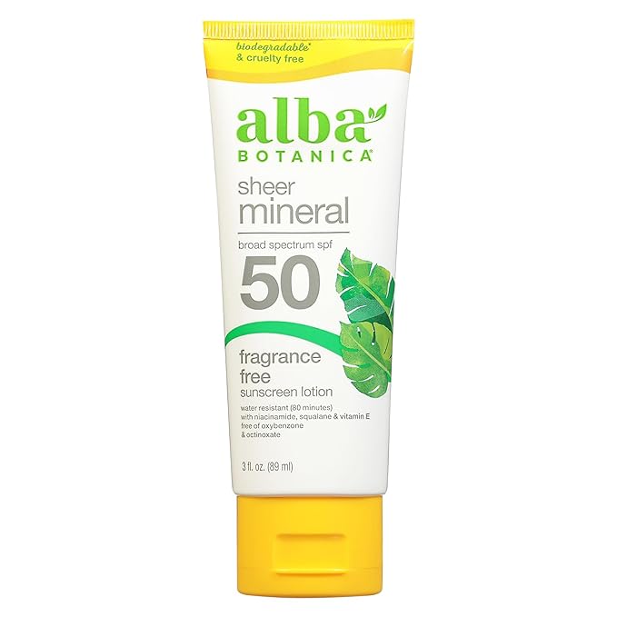 Alba Botanica Sheer Mineral Sunscreen Lotion, Broad Spectrum SPF 50, Fragrance Free, 3 fl oz