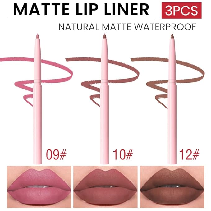 evpct 3Pcs Retractable Lip Liner Pencils Set Pack for Shaping & Sculpting Lips, Pink Chestnut Maroon Dark Taupe Brown Creamy Matte Velvet Pigmented Lip Liner lipliners Crayon Lipstick,09 + 10 + 12