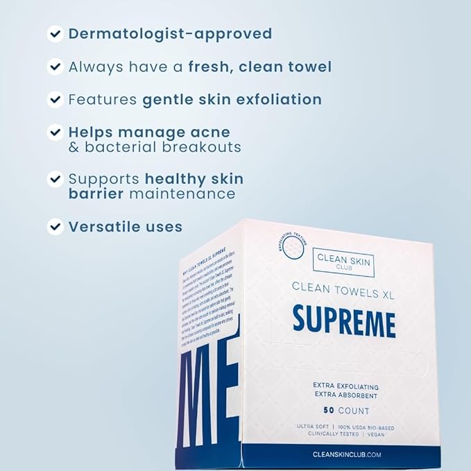 Clean Skin Club Clean Towels XL™ Supreme, 100% USDA Biobased Face Towel, Disposable Face Towelette, Eczema Association Accepted, Makeup Remover Dry Wipes, Ultra Soft, 50 Ct, 1 Pack