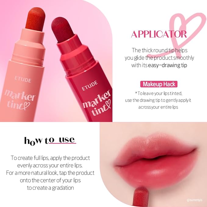 ETUDE Dear Darling Marker Tint #8 Cherry Punch (5g) | Hydrating & Long Lasting Lip Stain | High Pigmented Lip Maker with Easy Drawing Tip | Korean Daily Lip Tint, Korean Makeup, Kbeauty