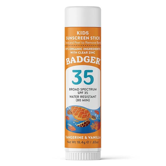 Badger Kids Sunscreen Stick SPF 35 with Mineral Zinc Oxide, Travel Size Sunscreen Stick for Kids, 97% Organic Ingredients, Reef Friendly, Broad Spectrum, Water Resistant, 65 oz