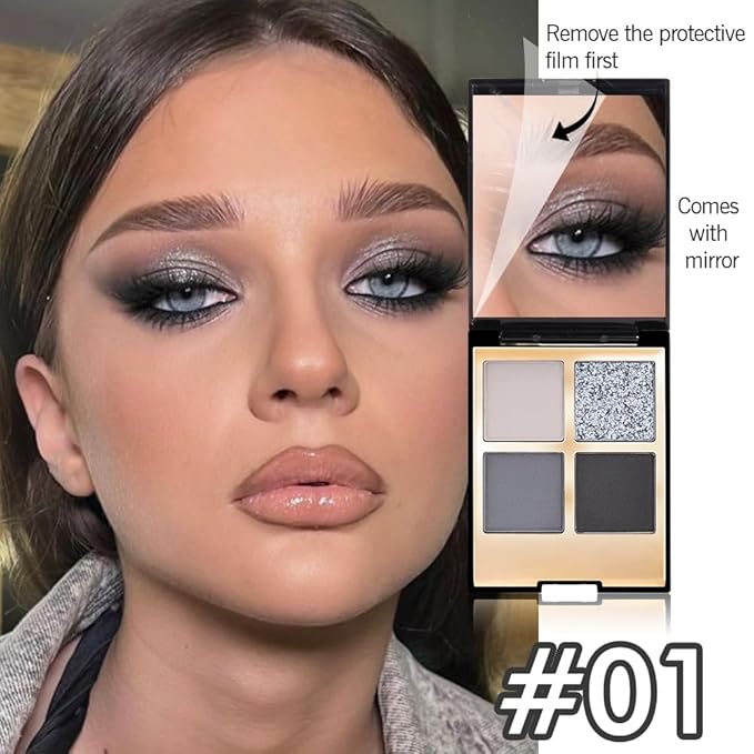 4 Colors Eyeshadow Makeup Palette,Black Gray Highly Pigmented Natural Neutral Nude Smoke Eye Shadow Palette with Mirror,Long Lasting Naturing-Looking,Waterproof,Blendable,Travel Size