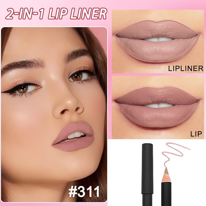2 Pcs Natural Nude Brown Beige Colors Lip Liner Lipstick Pencils Set for Daily Makeup,Easy to Apply & Remove,Waterproof