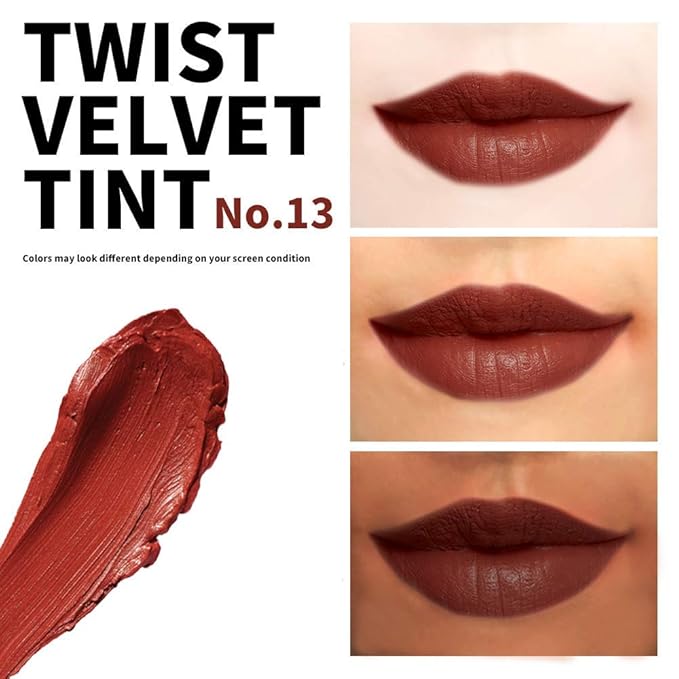 Long Lasting Lip Stain for Lips and Cheek Tint | High Pigment Color | lightweight Matte Finish | Weightless | Full Coverage | Twist Velvet Tint #13 (No.13)