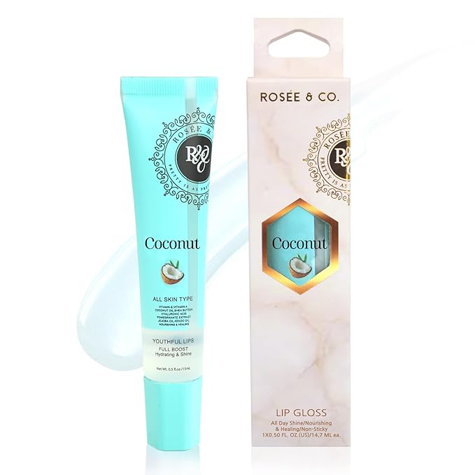 ROSÉE & CO Rosee Lip Gloss Vegan & Cruelty Free Treatment, Professional Make up, Long Lasting Glossy with Shea Butter, Moisturize, Protect & Smooth, High Shine, Non-Sticky (c.Coconut, 0.5)