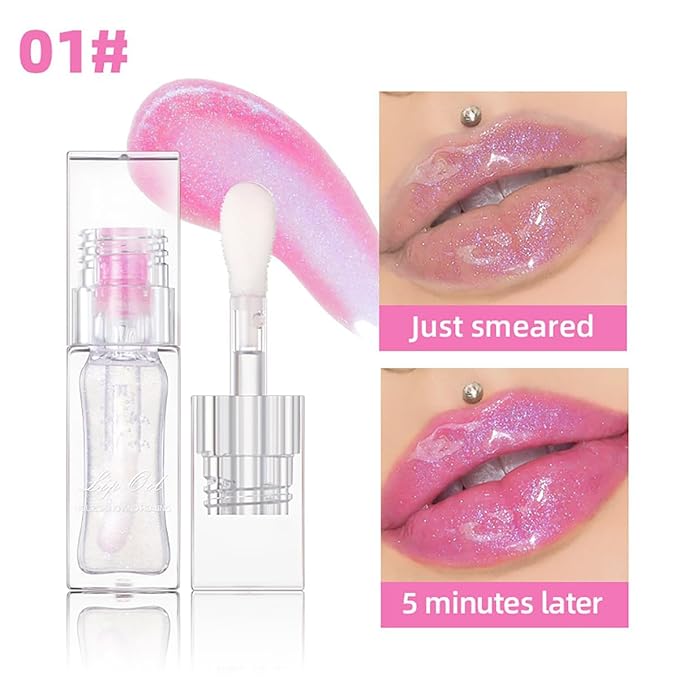 Magic Color Changing Lip Oil Ph, Glitter Lip Gloss, Upgraded Big Brush Head Moisturizing Lip Oil Long Lasting Nourishing Lip Glow Oil Non-Sticky Primer Lip Tint (# 01, 0.3 Oz)
