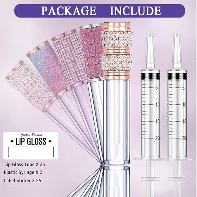 AMORIX 25 Pack Diamond Lip Gloss Tubes with Wand 5ml Empty Rhinestone Lip Gloss Containers Cute Lipgloss Bottles Crystal Lip Gloss Supplies Kit + 2pcs Syringes + Labels for DIY Lip Gloss Base