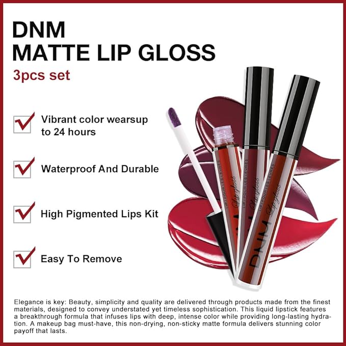evpct 3Pcs Dark Red Deep Red Oxblood Red Matte Liquid Lipstick Lip Stain Sets for Women Matte+Lipstick Long Lasting Permanent 24 hr Hours Magic Lipstick 24 Hours original Waterproof 26