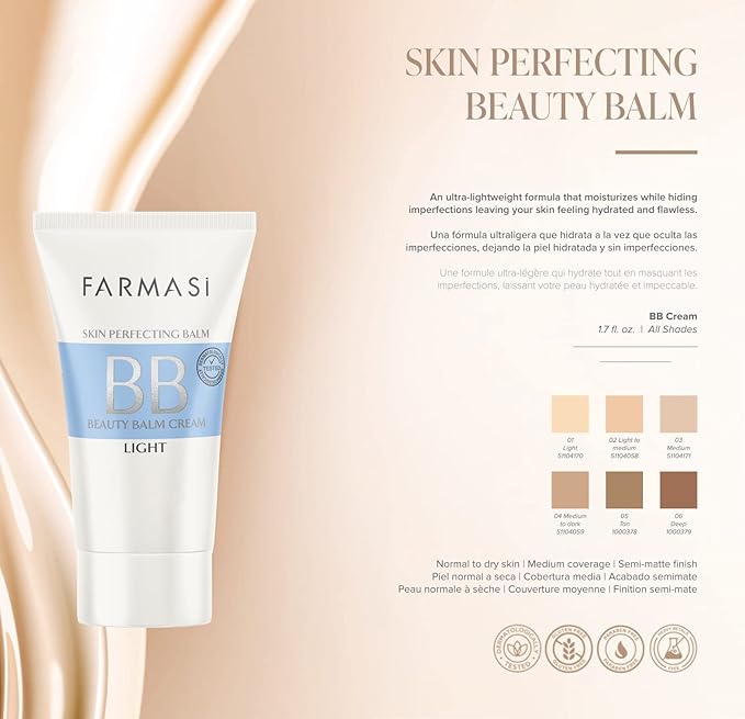 FARMASi Make Up BB Cream Beauty Balm, Full-Coverage Foundation, Concealer, Moisturizer BB Cream for All Skin Types, 1.7 fl. oz. / 50 ml (Light)