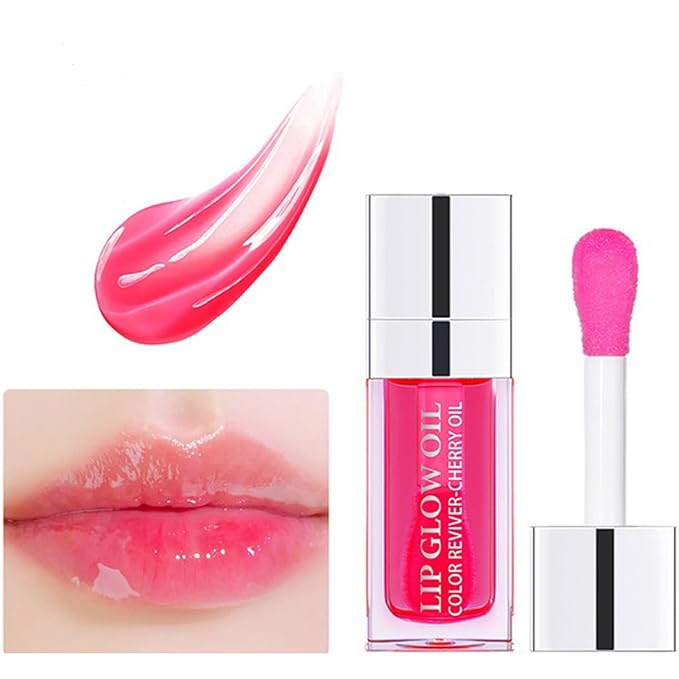 Hydrating Lip Glow Oil Set, Plumping Lip Oil Moisturizing Nourishing Shiny No-Sticky Transparent Tinted Lip Gloss Balm, Natural Lip Plumper Gloss Repairing Lightening (Cherry+Clear)