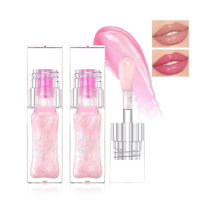 2PCS Color Changing Lip Oil,pink Big Brush Head Long Lasting Moisturizing Smooth Non-Sticky Transparent Plumping Lip Glow Oil