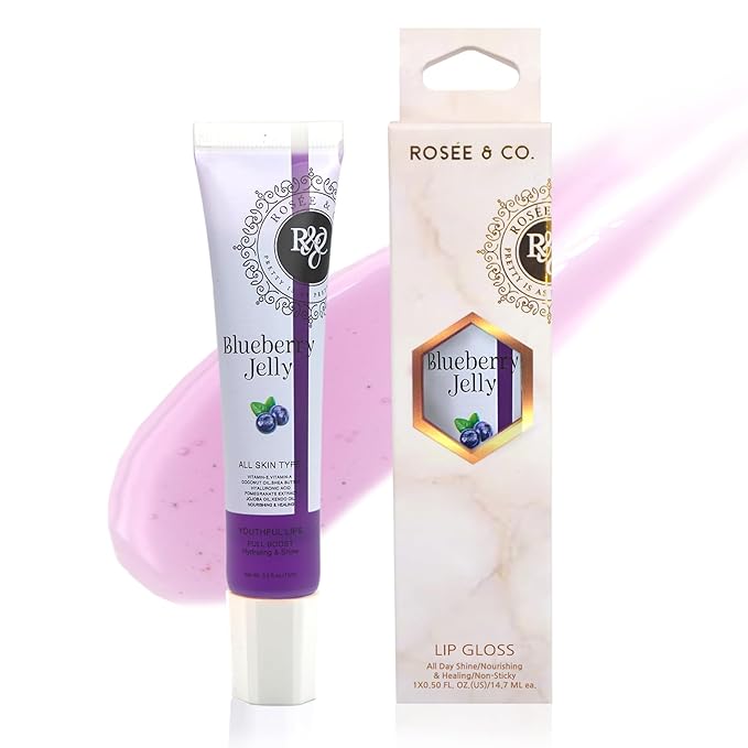 ROSÉE & CO Rosee Lip Gloss Vegan & Cruelty Free Treatment, Professional Make up, Long Lasting Glossy with Shea Butter, Moisturize, Protect & Smooth, High Shine, Non-Sticky (l. Blueberry Jelly, 0.5)