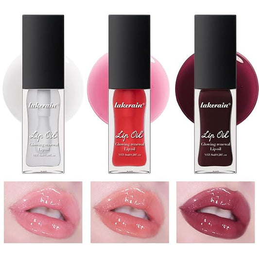 3 Colors Glow Lip Oil Tinted, Nourishing Tinted Lip Glow Oil For A High-shine Finish, Moisturizing Fat Oil for Dry Lip, Shiny and Vegan Tinted Lip Oil (Clear+Jam+Pink)