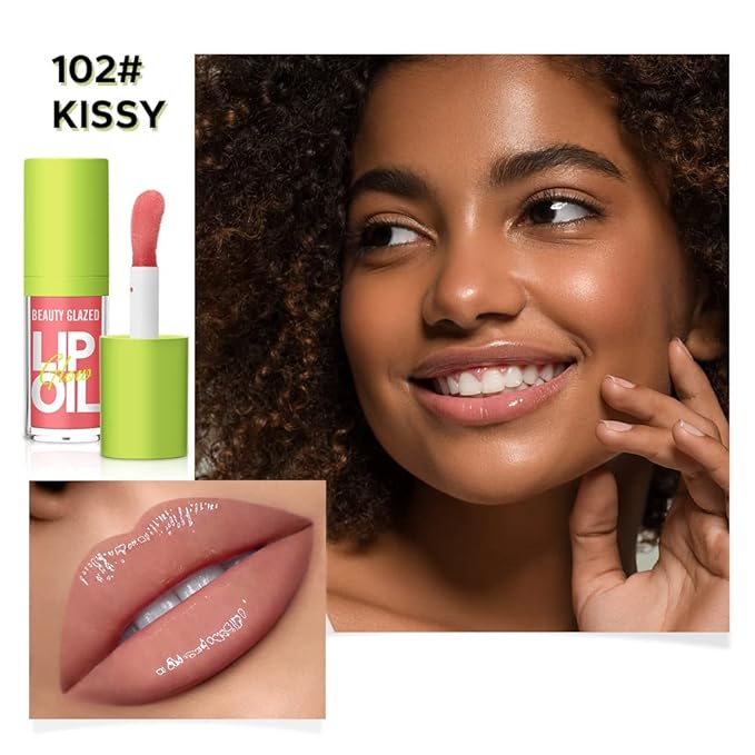 Beauty Glazed Big Brush Head Lip Oil, Ultra-Hydrating & Nourishing, Smooth Glossy Finish Lip Glow Oil, Shiny and Vegan Tinted Lip Gloss, Non-Sticky Formula (1, 102# KISSY)