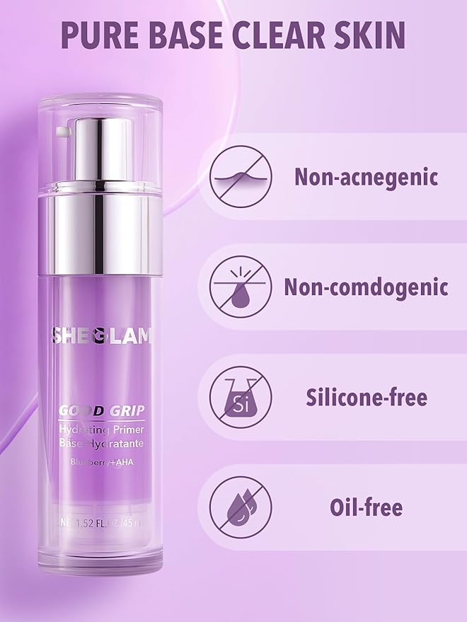 SHEGLAM Good Grip Hydrating Primer Oil Control Moisturizing Primer Gel Smooth Fine Lines Oil And Silicone-Free Face -Blueberry + Aha-Purple