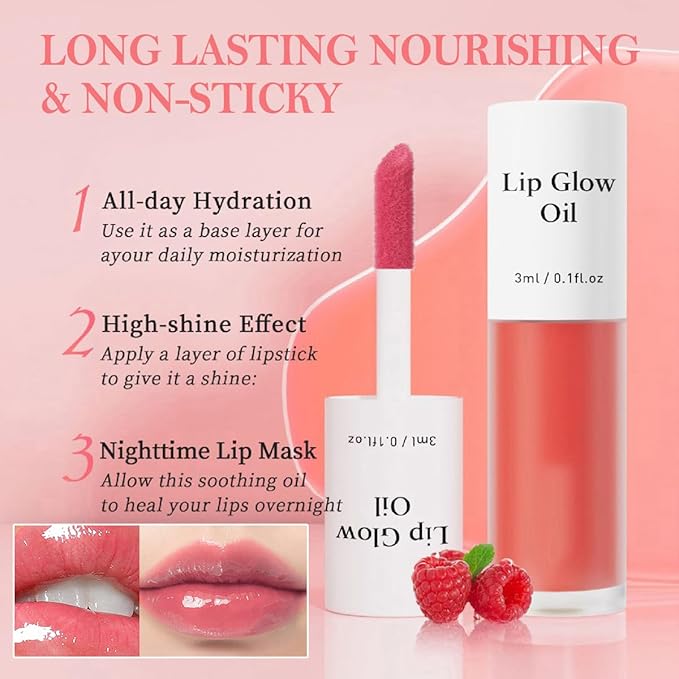 2Pcs Hydrating Lip Glow Oil,Plumping Lip Gloss,Moisturizing Transparent and Nourishing Non-stick Cup Fruit Flavored Lip Oil for Reducing Lip Lines and Lip Care(04#+07#)