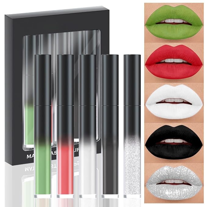 AMY'S DIARY Matte Plum Liquid Lipstick 5Pcs Sets,24-hour Lipstick Green White Black Silver Red Lip Stain 24 Smudge Waterproof for Women (Set07)
