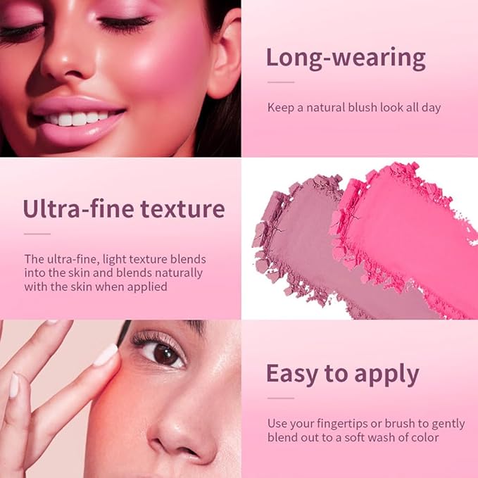 Pink Powder Blush Palette, Multi-Use Makeup Blusher Pink Blendable Formula