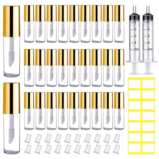 AMORIX 50PCS Mini 1.2ml Lip Gloss Tubes with Wand Empty Lip Gloss Containers Refillable Travel Lip Balm Tubes for Samples with 5ml Syringes DIY Lip Gloss Base + Labels (Gold)