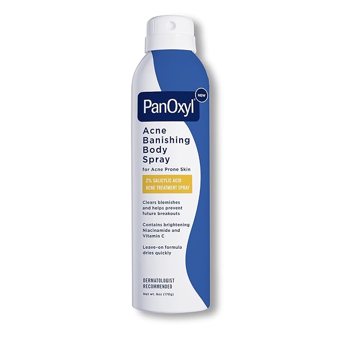 PanOxyl Acne Banishing Body Spray with 2% Salicylic Acid, Pimple Treatment Spray to Clear Stubborn Breakouts, 360-Degree Spray Nozzle, Skin-Brightening Niacinamide, Vitamin C, Witch Hazel, Aloe, 6 Oz