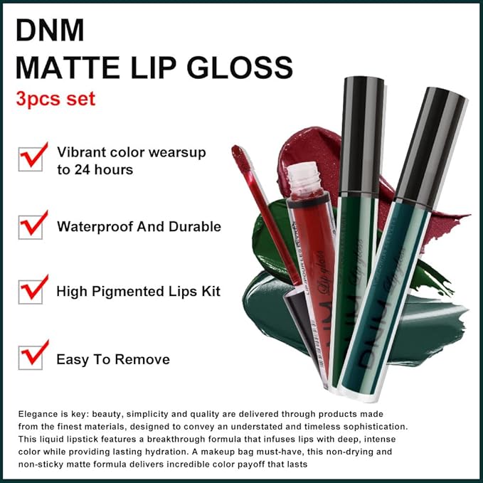 evpct 3Pcs Dark Color Colored Red Emerald Green Matte Liquid Lipstick Make up Set 24 Hour Long Lasting Waterproof Smudge Proof Deep red Green Liquid Lipstick Matte Lip Stain Gloss Liner Kit 8