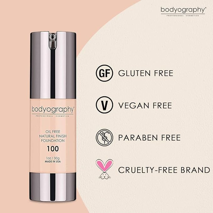 Bodyography Natural Finish Foundation Makeup (Light #100) Oil-Free Gluten-Free, Paraben-Free, 1 oz