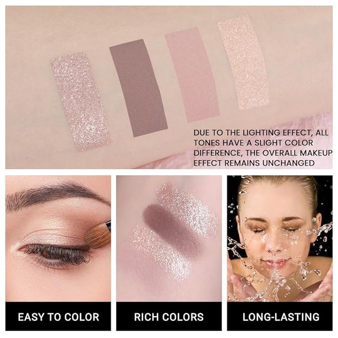 4 Colors Eyeshadow Makeup Palette,Champagne Nude Pink Dark Brown Highly Pigmented Natural Neutral Eye Shadow Palette with Mirror,Long Lasting Naturing-Looking,Waterproof,Blendable