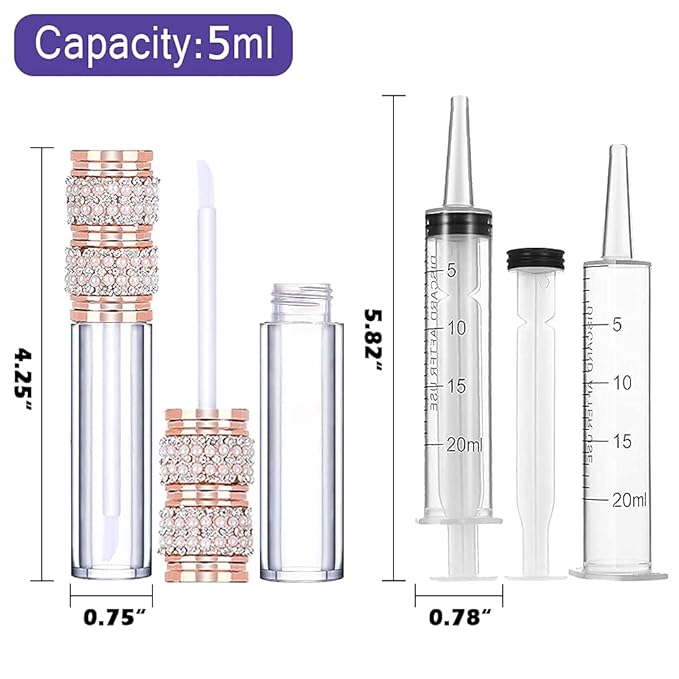 AMORIX 72 Pack 5ml Pearl Diamond Lip Gloss Tubes with Wand 5ml Empty Lip Gloss Containers Lipgloss Bottles with Stoppers + 4pcs Syringes for DIY Lip Gloss Balm