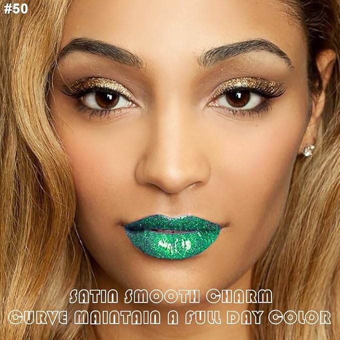 evpct 2Pcs Green Shimmer Glitter Shiny Liquid Lipstick Lip Gloss Stain and Retractable Lip Liner Makeup Set for Women Long Lasting Waterproof 24 Hours Lipstick labial mate larga duracion 24 50#